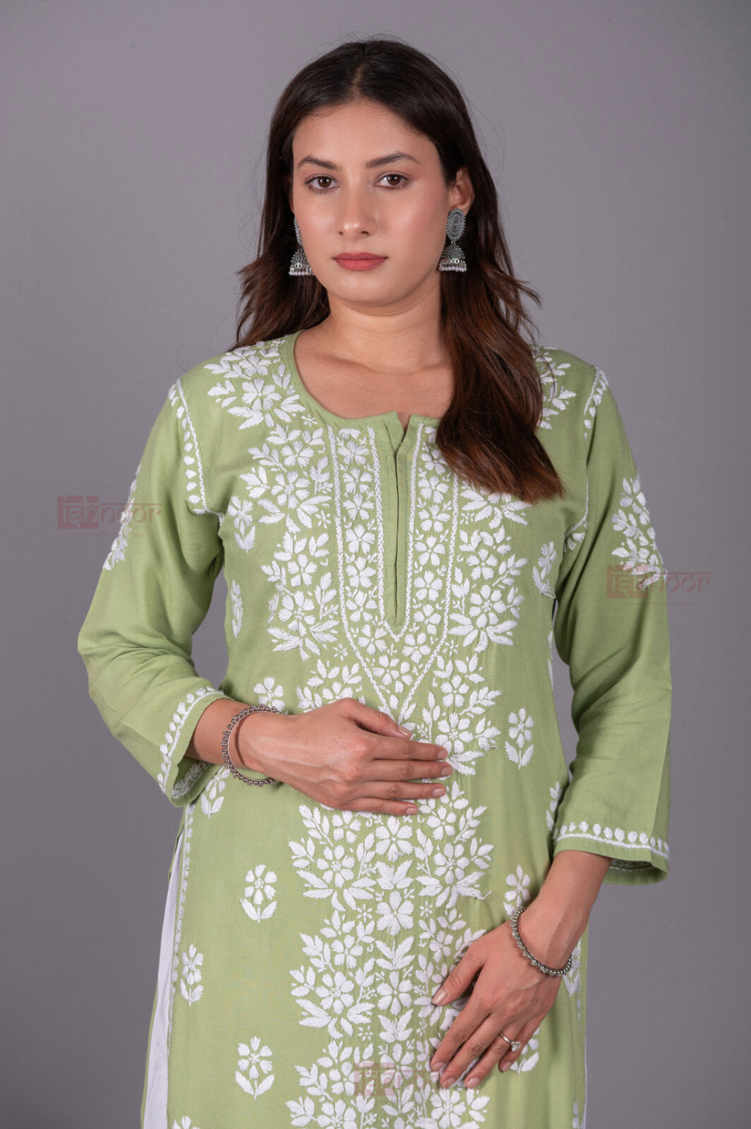 Meher Rayon Long Chikankari Kurti - pistachio-green
