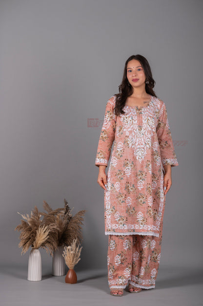 Meher Mul Cotton Chikankari Kurta Palazzo Set - rose-pink