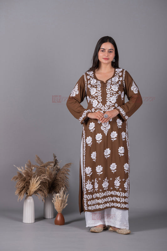 Meher Premium Modal Long Chikankari Kurti 2 - brown