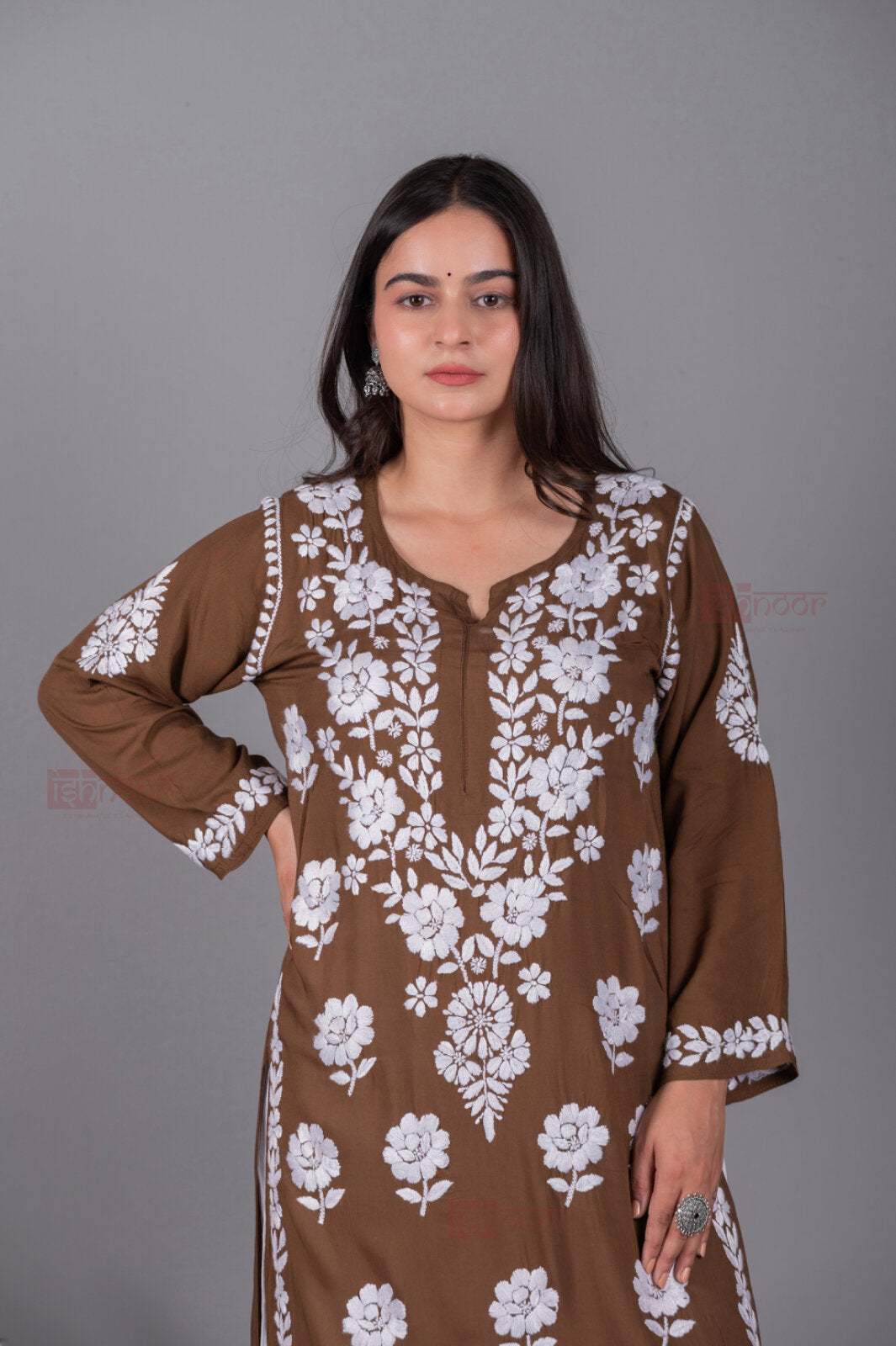 Meher Premium Modal Long Chikankari Kurti 2 - brown