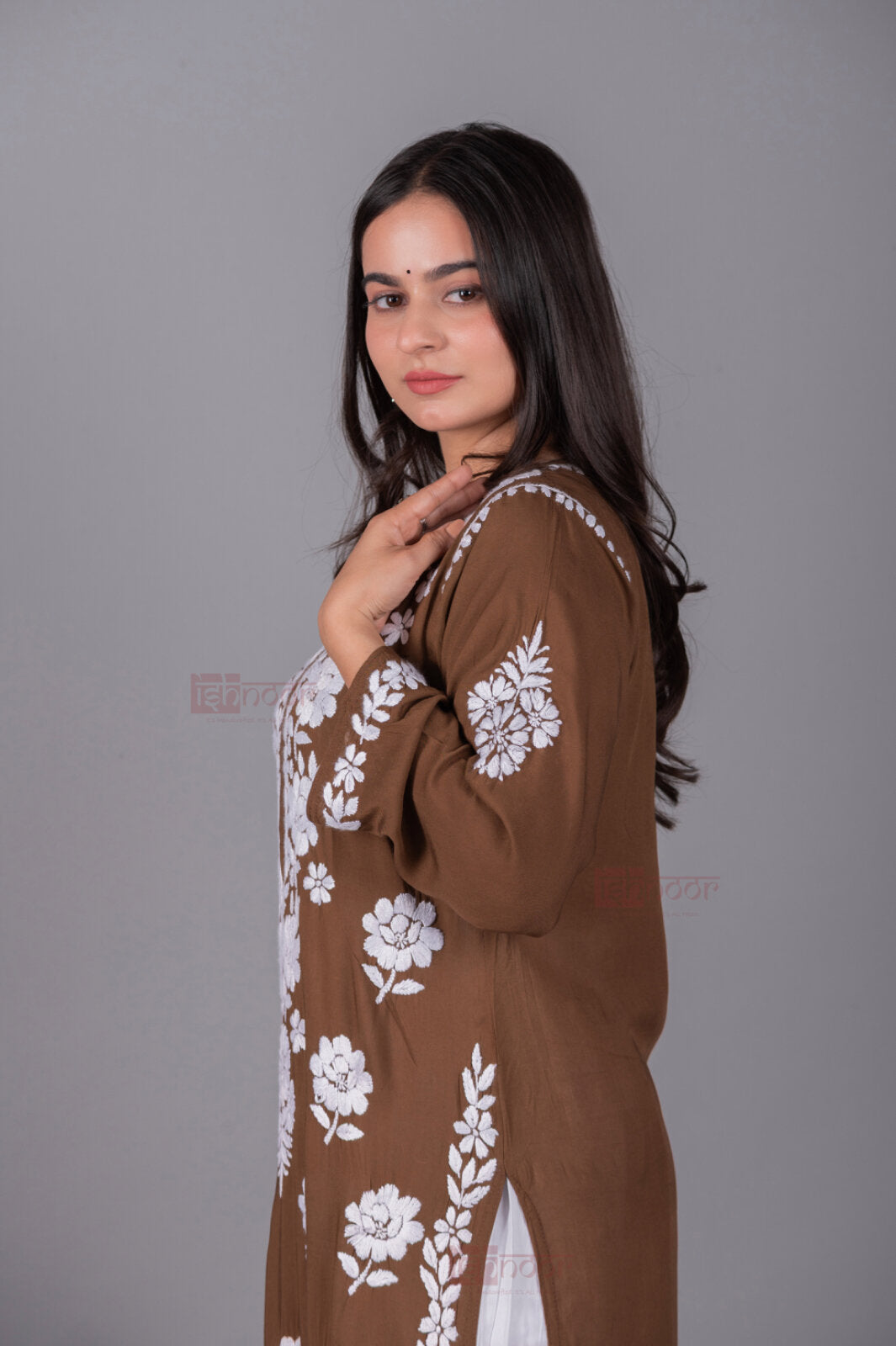 Meher Premium Modal Long Chikankari Kurti 2 - brown