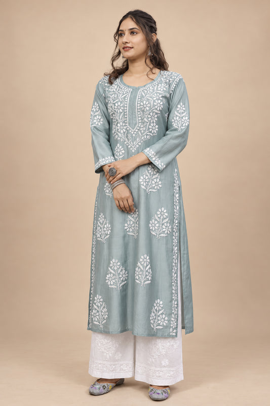 Falak Premium Chanderi Long Chikankari Kurti