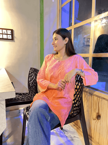 Ishra Short Dobby Cotton Chikankari Kurti - peach-orange