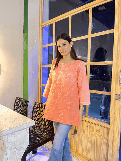 Ishra Short Dobby Cotton Chikankari Kurti - peach-orange
