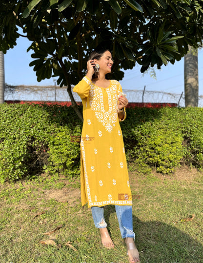 Ishra Rayon Long Chikankari Kurti - lemon-yellow