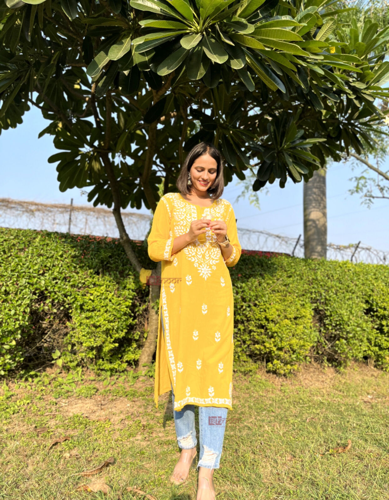 Ishra Rayon Long Chikankari Kurti - lemon-yellow