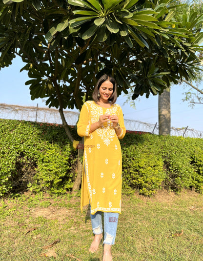 Ishra Rayon Long Chikankari Kurti - lemon-yellow