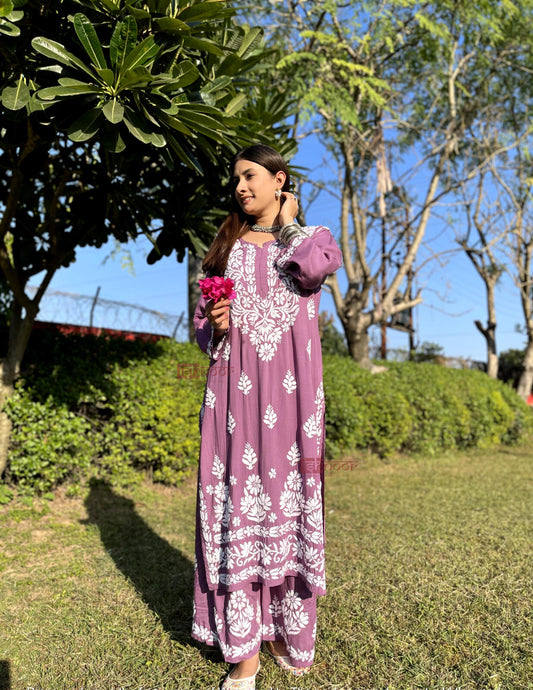 Ishra Modal Chikankari Kurta Plazzo Set - orchid-purple