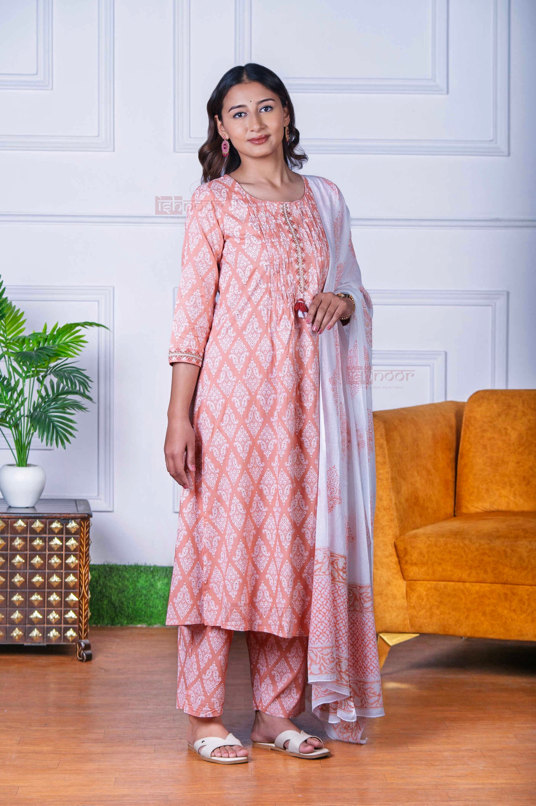 Saanjh Bandhej Print 3 Piece Stitched Suit Set with Dupatta 3 - soft-peach