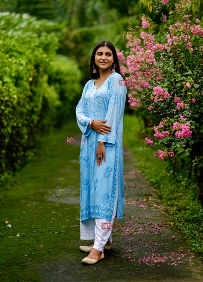 Ishra Ombre Modal Straight Chikankari Kurti - sky-blue
