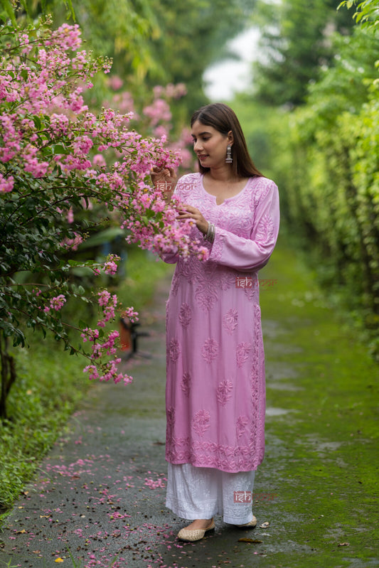 Ishra Ombre Modal Straight Chikankari Kurti - blush-pink