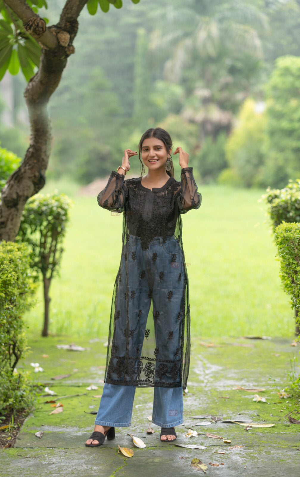 Ishra Organza Long Chikankari Kurti - black