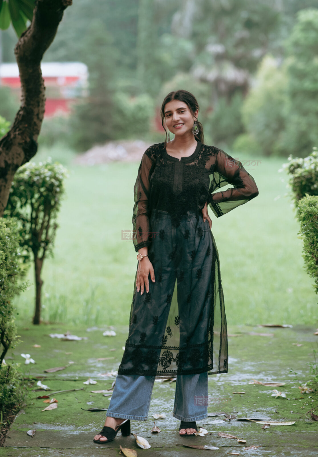 Ishra Organza Long Chikankari Kurti - black