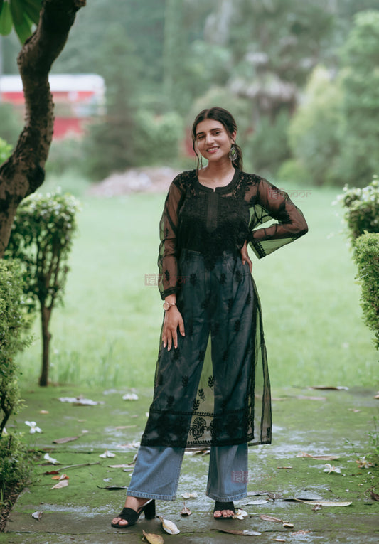 Ishra Organza Long Chikankari Kurti - black