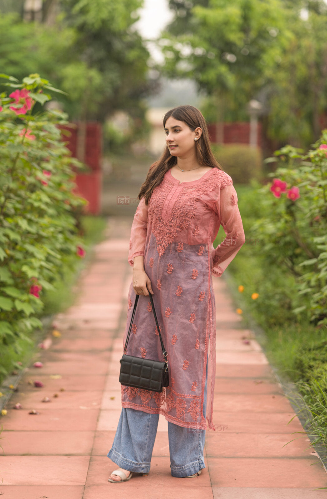 Ishra Organza Long Chikankari Kurti - rose-pink