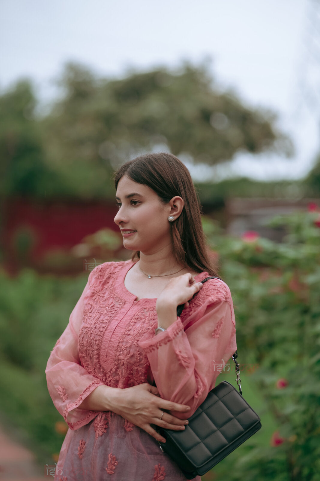 Ishra Organza Long Chikankari Kurti - rose-pink