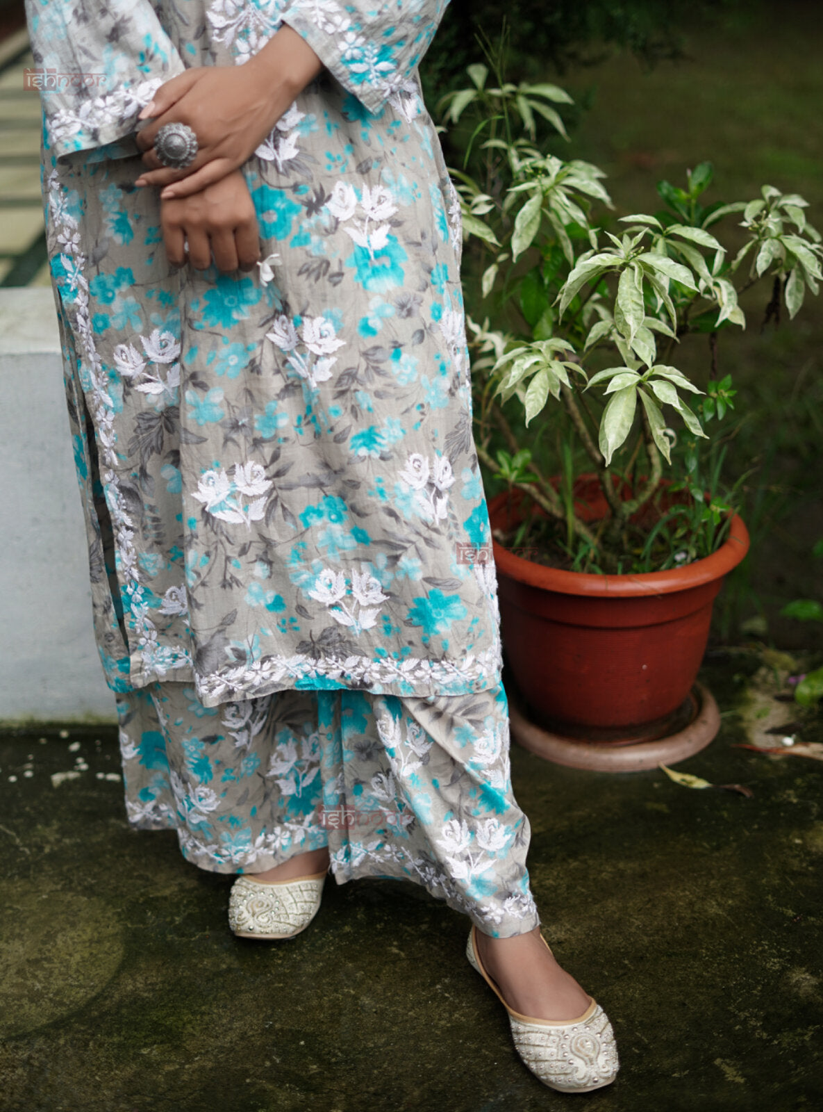 Ishra Chikankari Mul Cotton Kurta Set - slate-blue