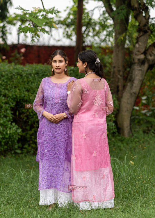 Ishra Premium Organza Chikankari Kurti with Mukaish Work - violet