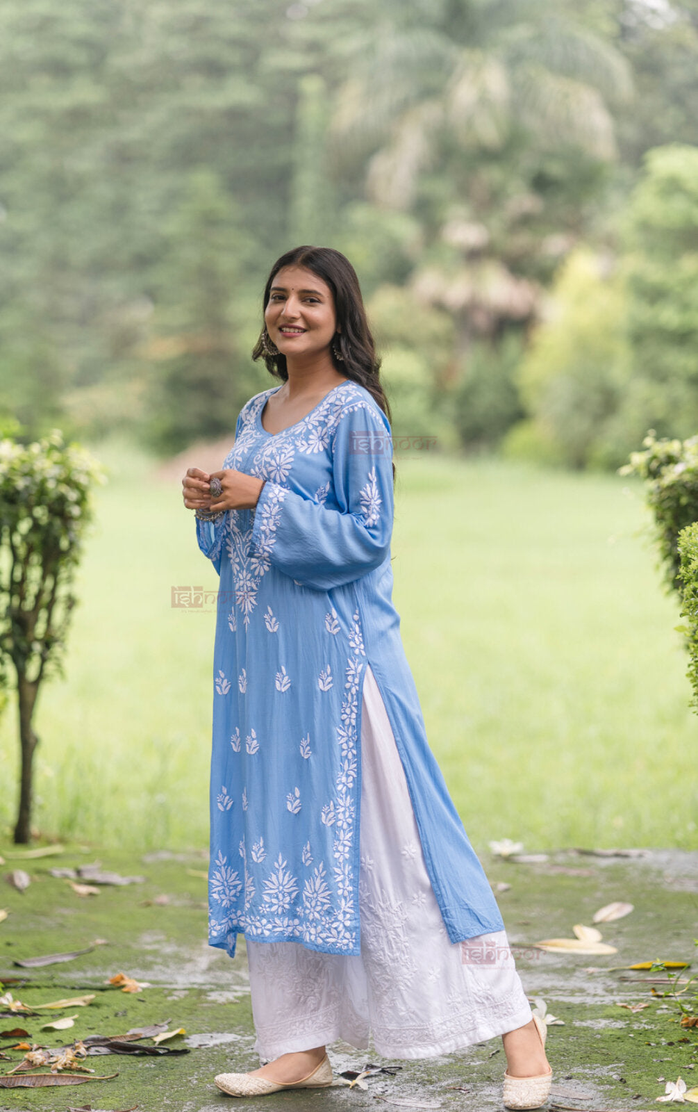 Ishra Premium Modal Chikankari Long Kurti - powder-blue