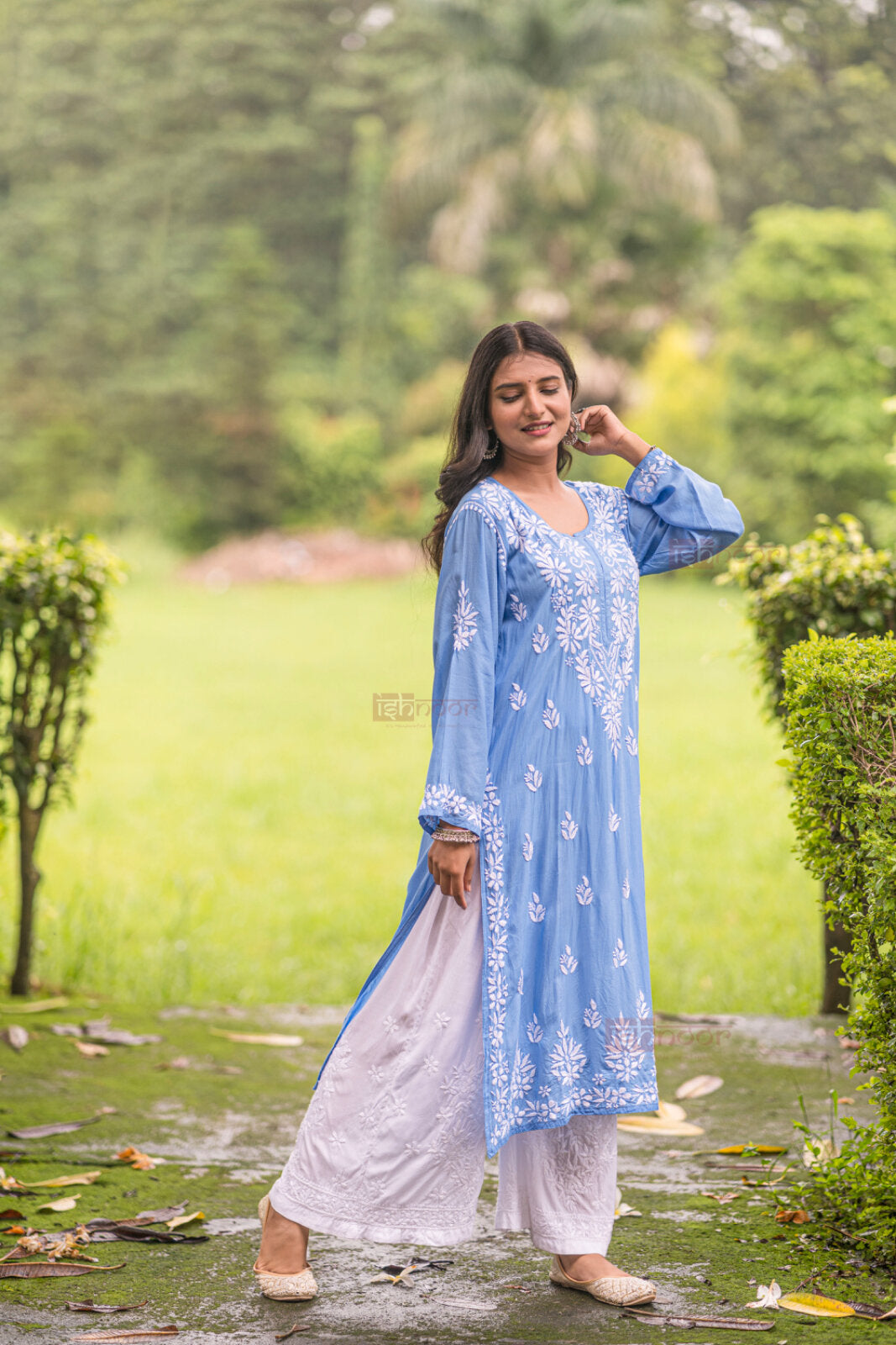Ishra Premium Modal Chikankari Long Kurti - powder-blue
