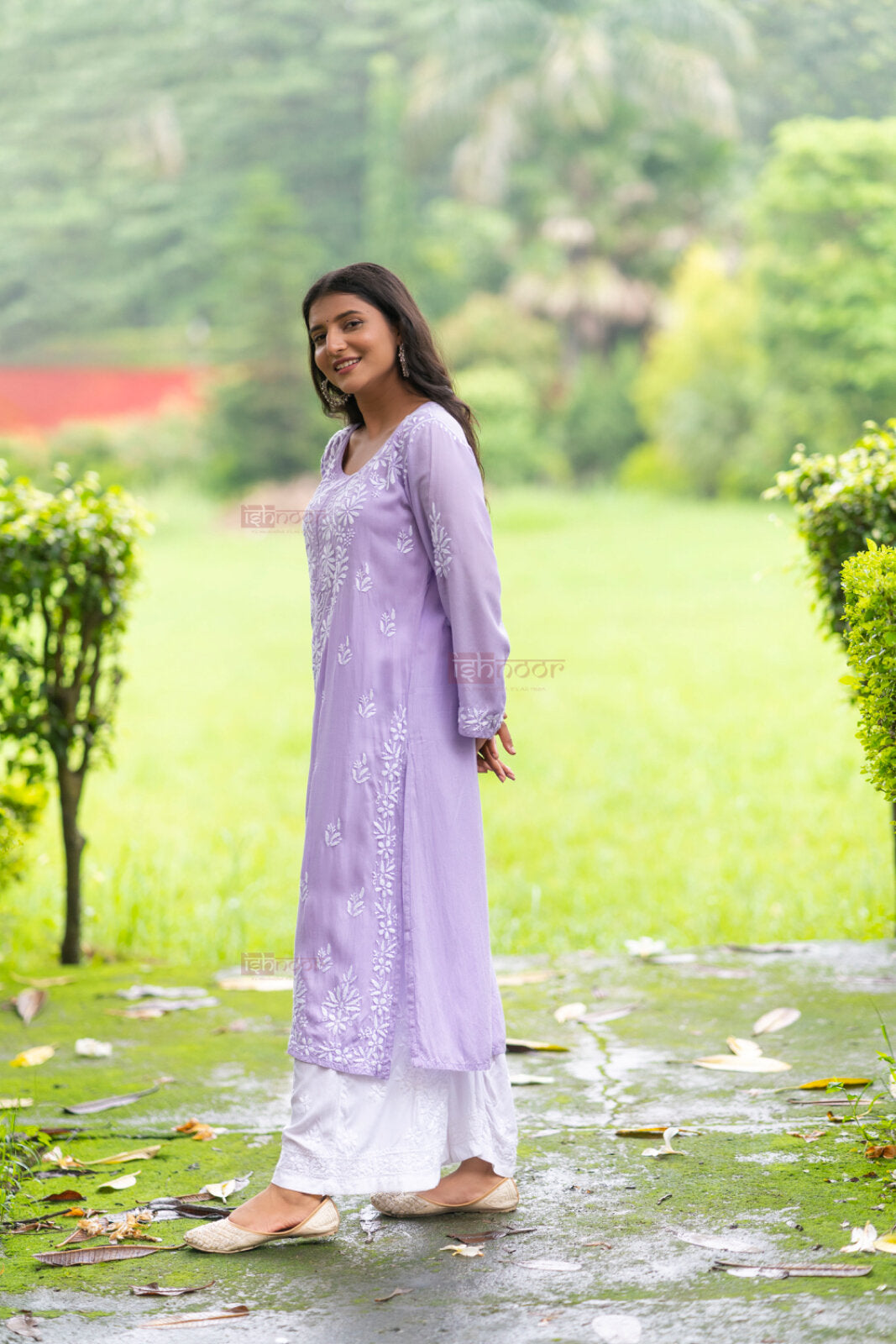 Ishra Premium Modal Chikankari Long Kurti - lavender