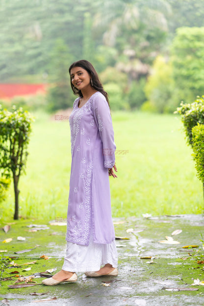 Ishra Premium Modal Chikankari Long Kurti - lavender