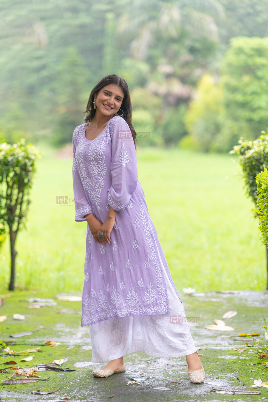 Ishra Premium Modal Chikankari Long Kurti - lavender