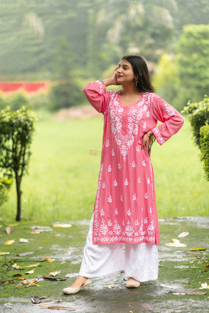 Ishra Premium Modal Chikankari Long Kurti - rose-pink