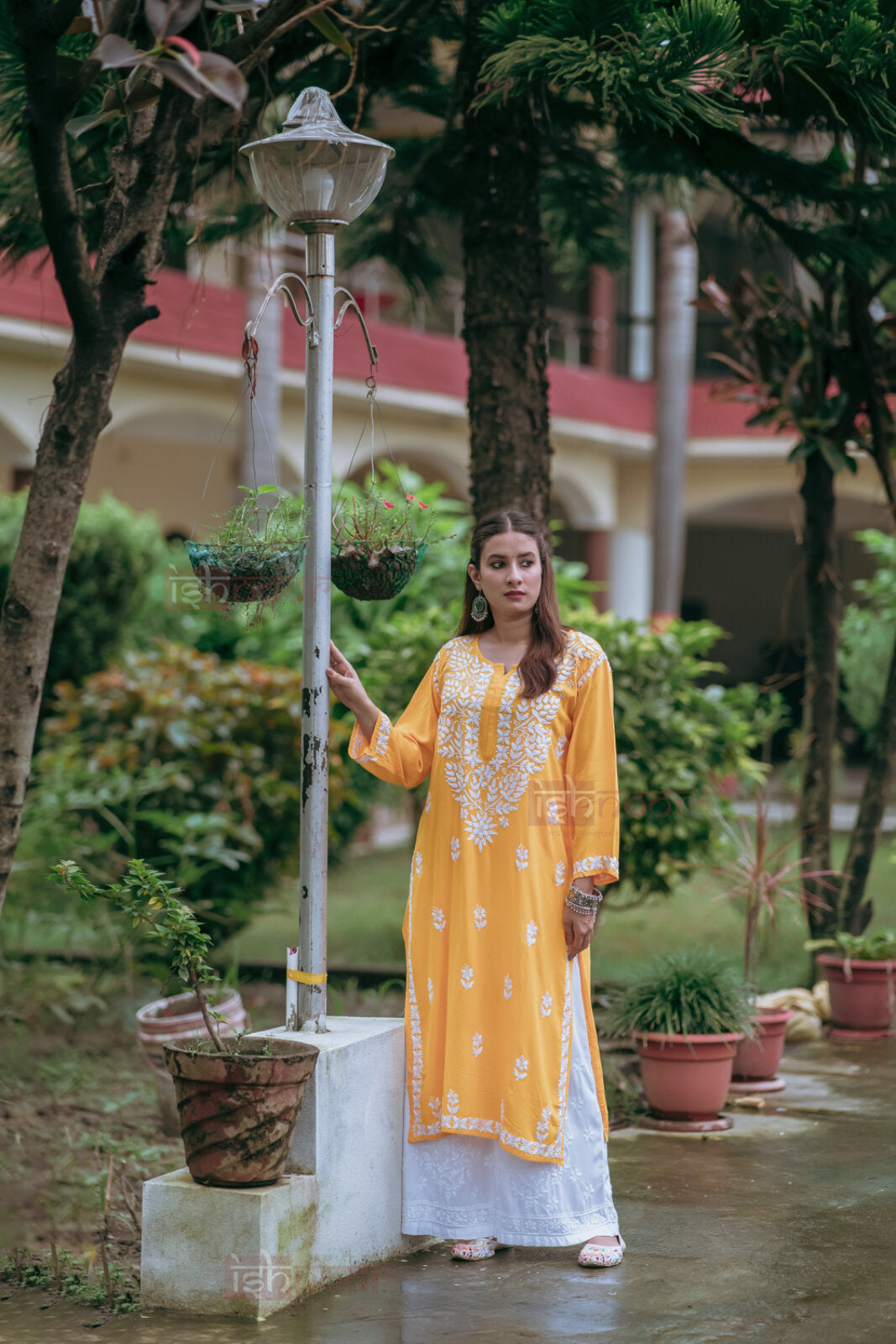 Ishra Premium Rayon Long Chikankari Kurti - lemon-yellow