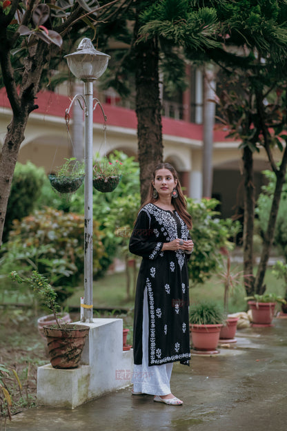 Ishra Premium Rayon Long Chikankari Kurti - black