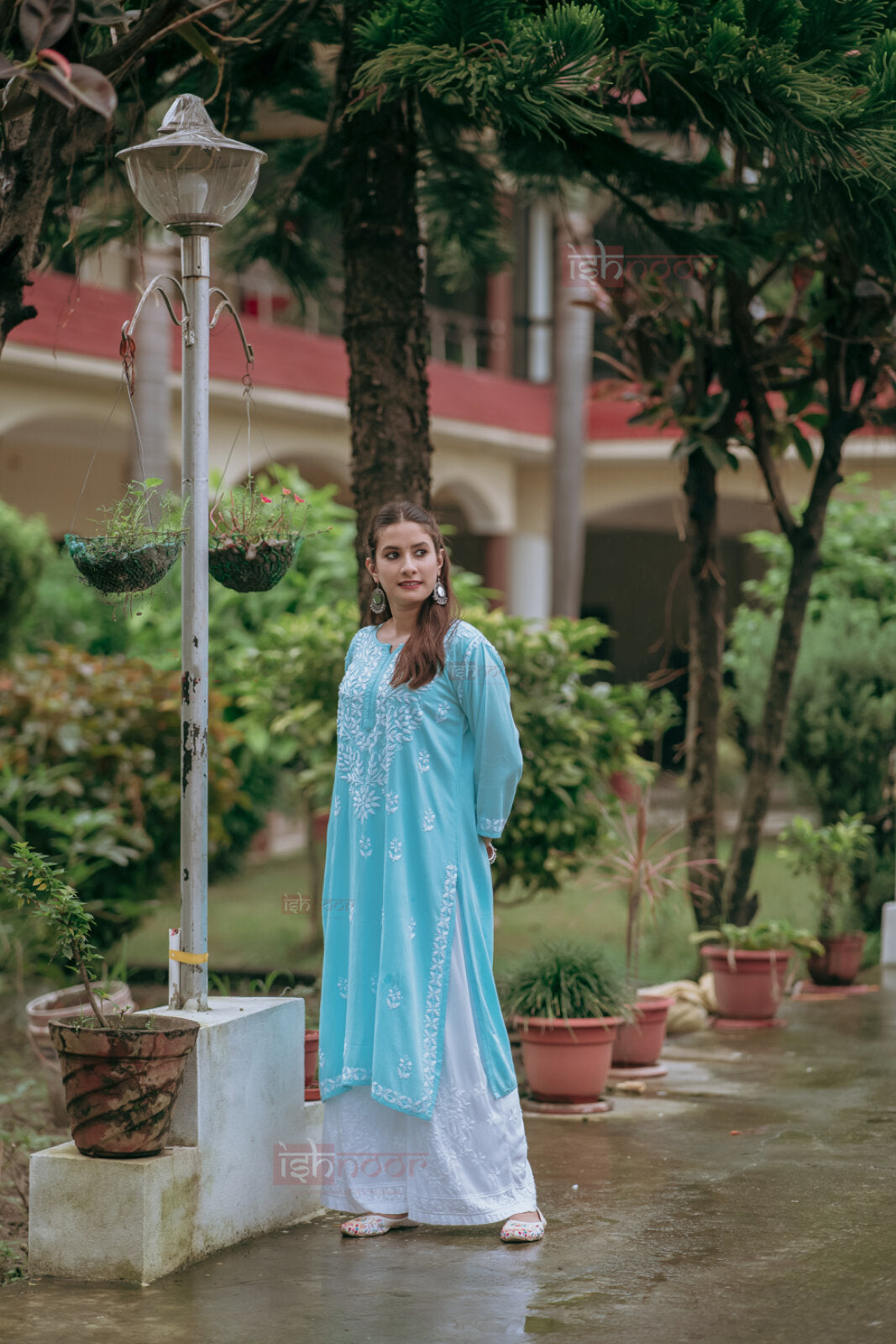 Ishra Premium Rayon Long Chikankari Kurti - sky-blue