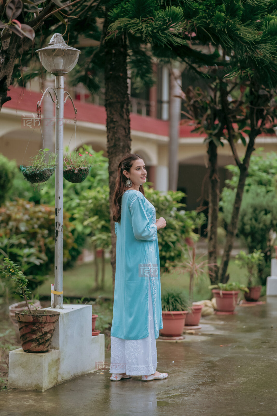 Ishra Premium Rayon Long Chikankari Kurti - sky-blue