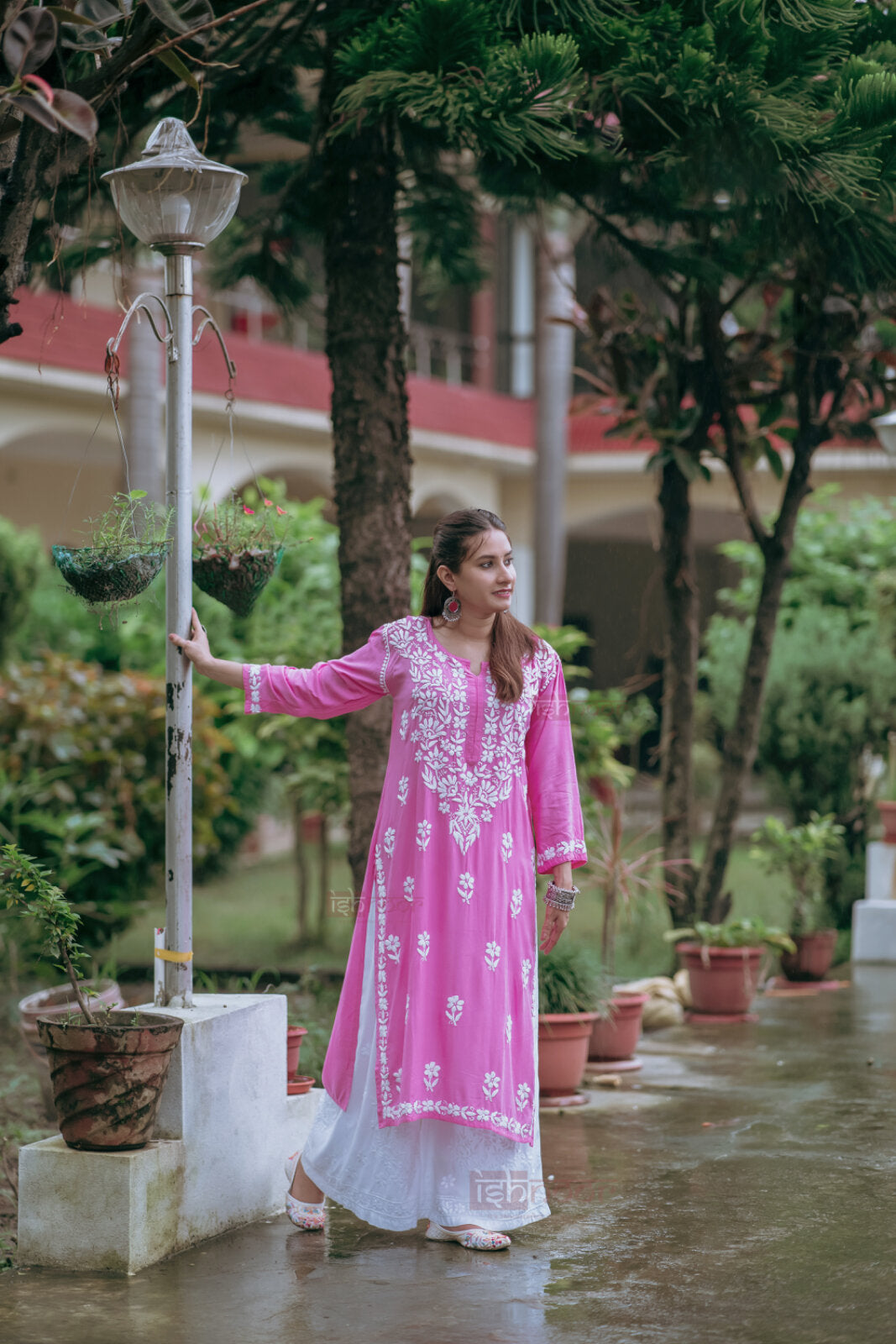 Ishra Premium Rayon Long Chikankari Kurti - blush-pink
