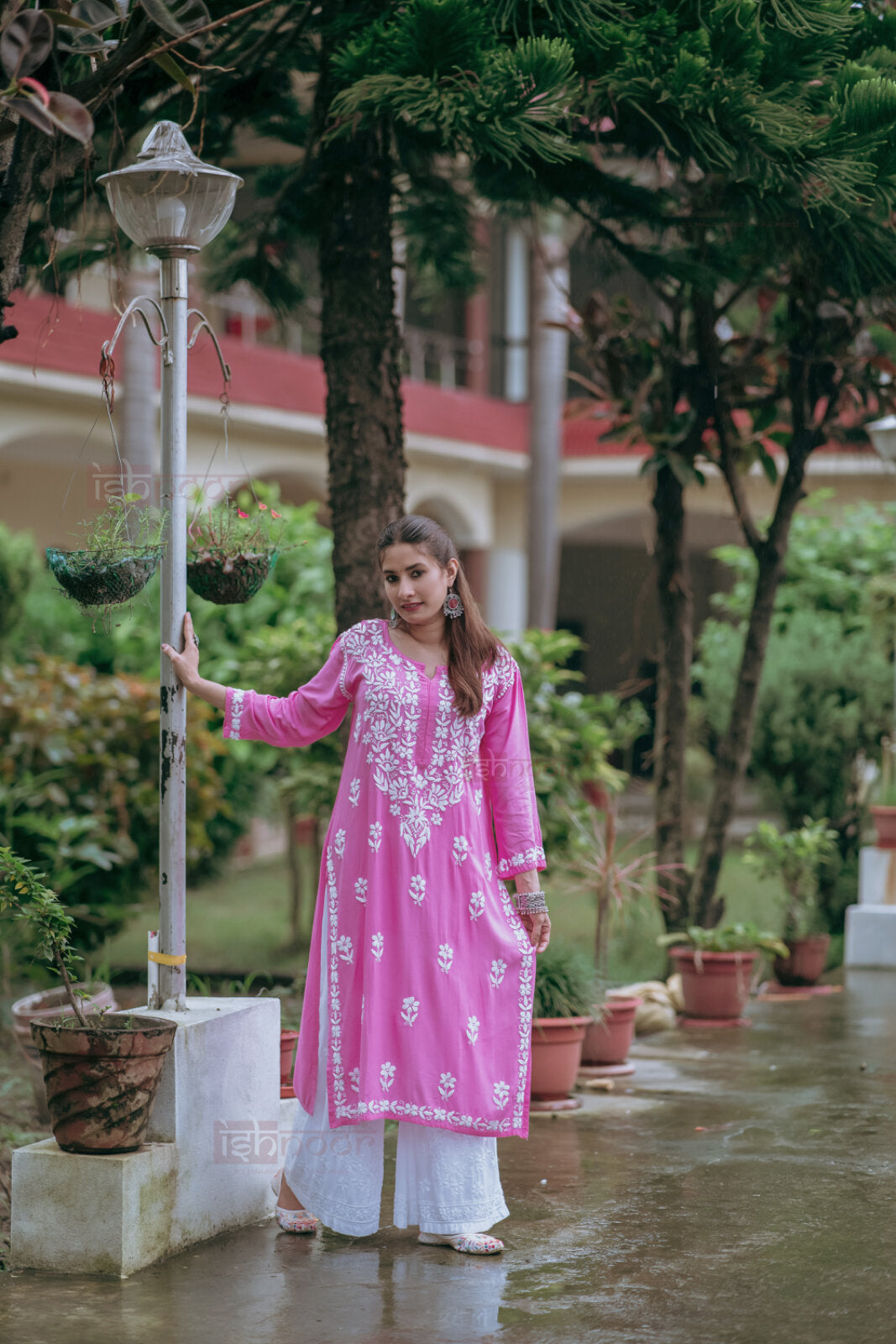 Ishra Premium Rayon Long Chikankari Kurti - blush-pink