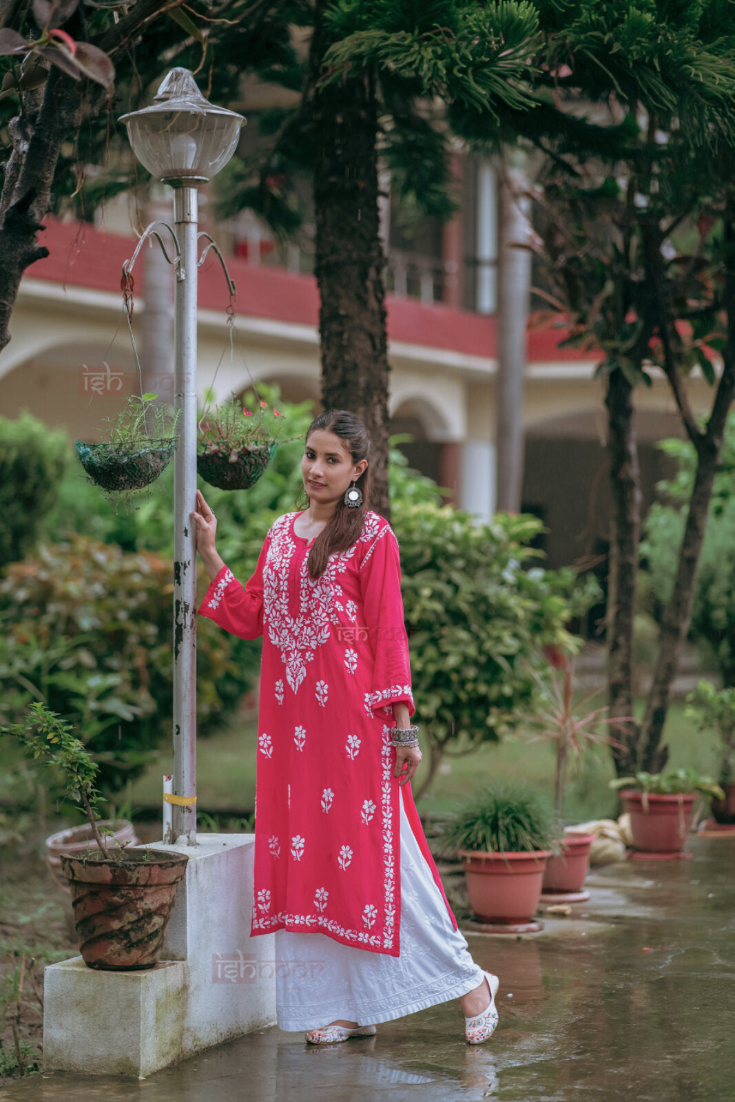 Ishra Premium Rayon Long Chikankari Kurti - coral-red