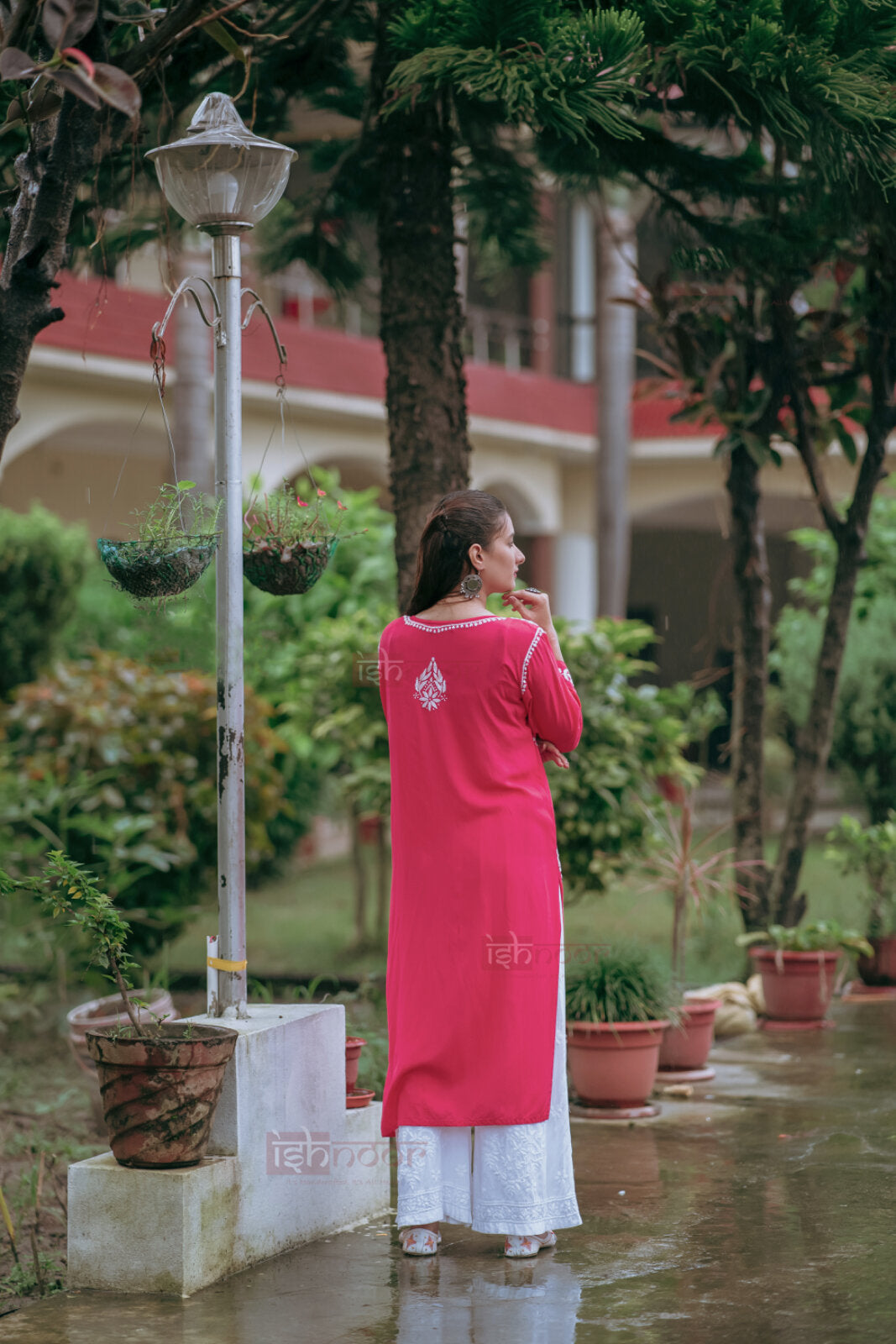Ishra Premium Rayon Long Chikankari Kurti - coral-red