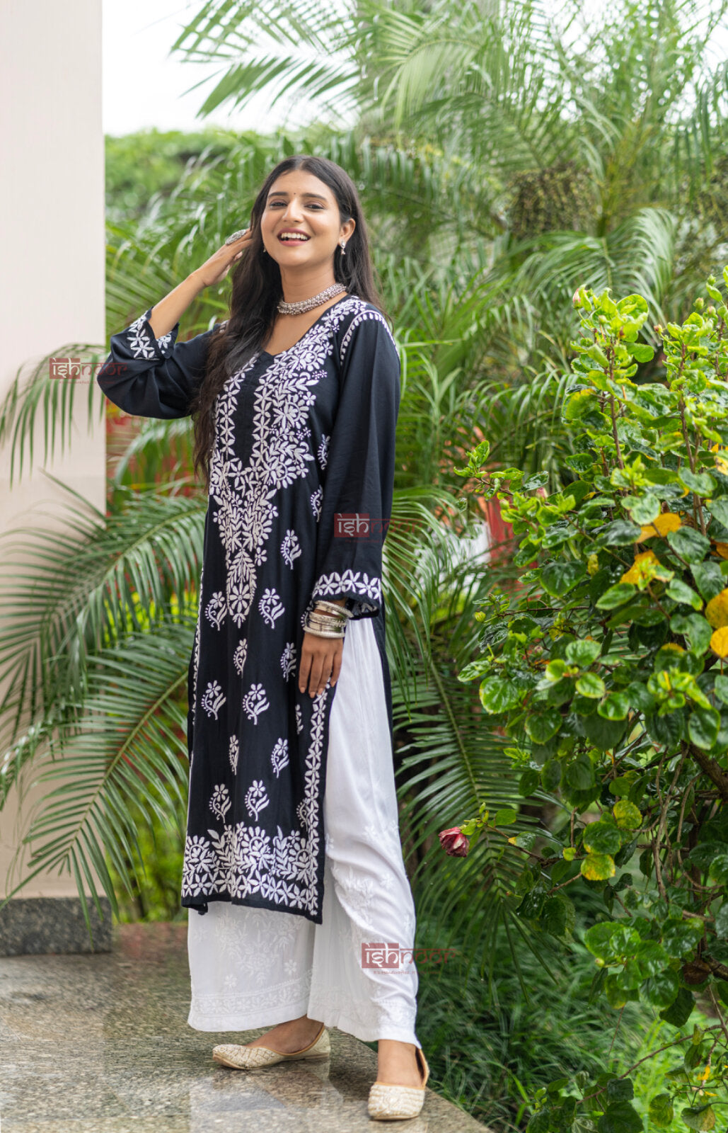 Ishra Modal Straight Chikankari Kurti - black