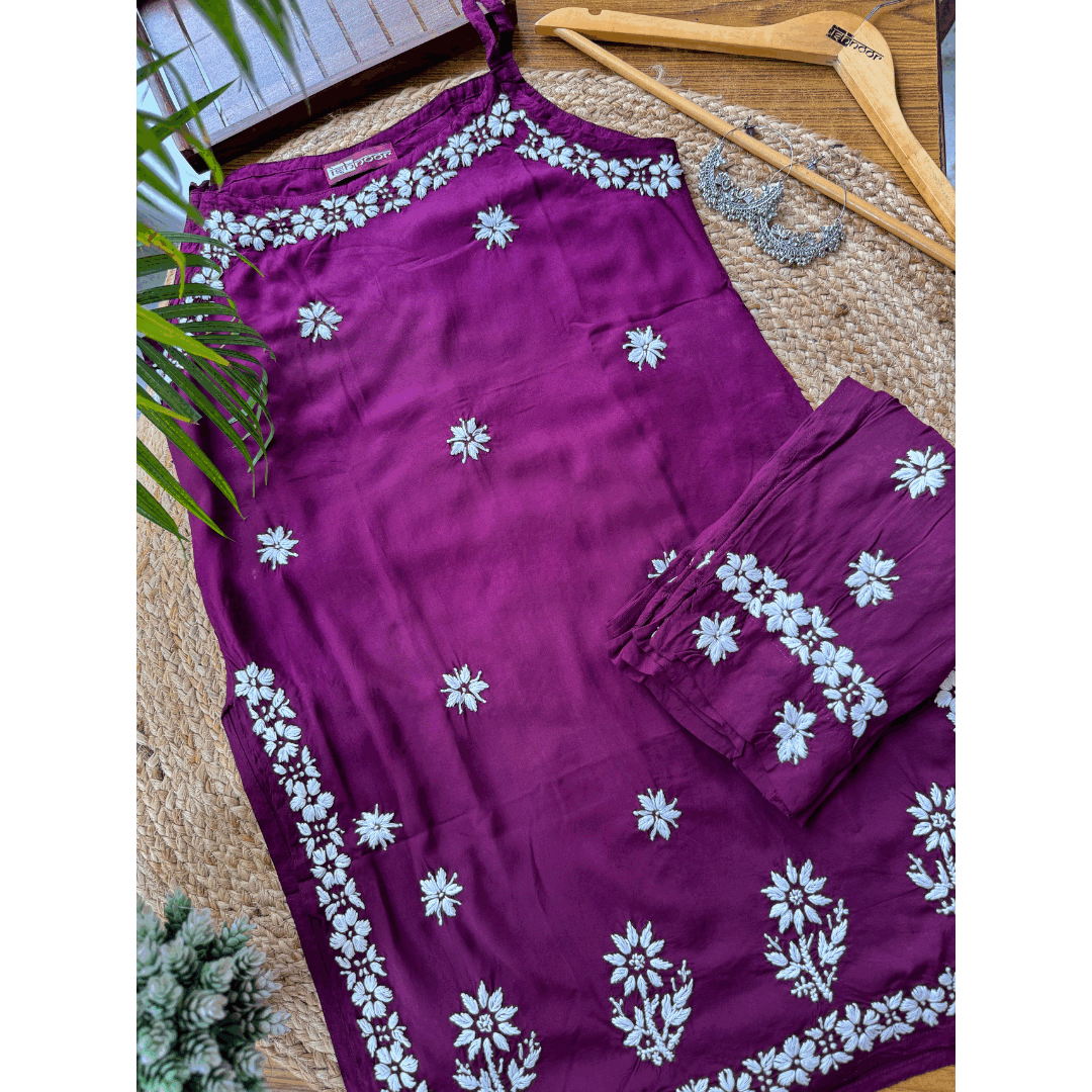 Falak Modal Chikankari Kurti & Pant Co-ord Set - maroon
