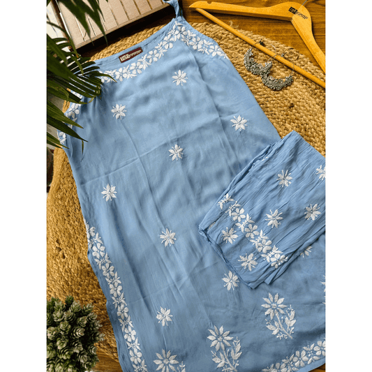 Falak Modal Chikankari Kurti & Pant Co-ord Set - powder-blue