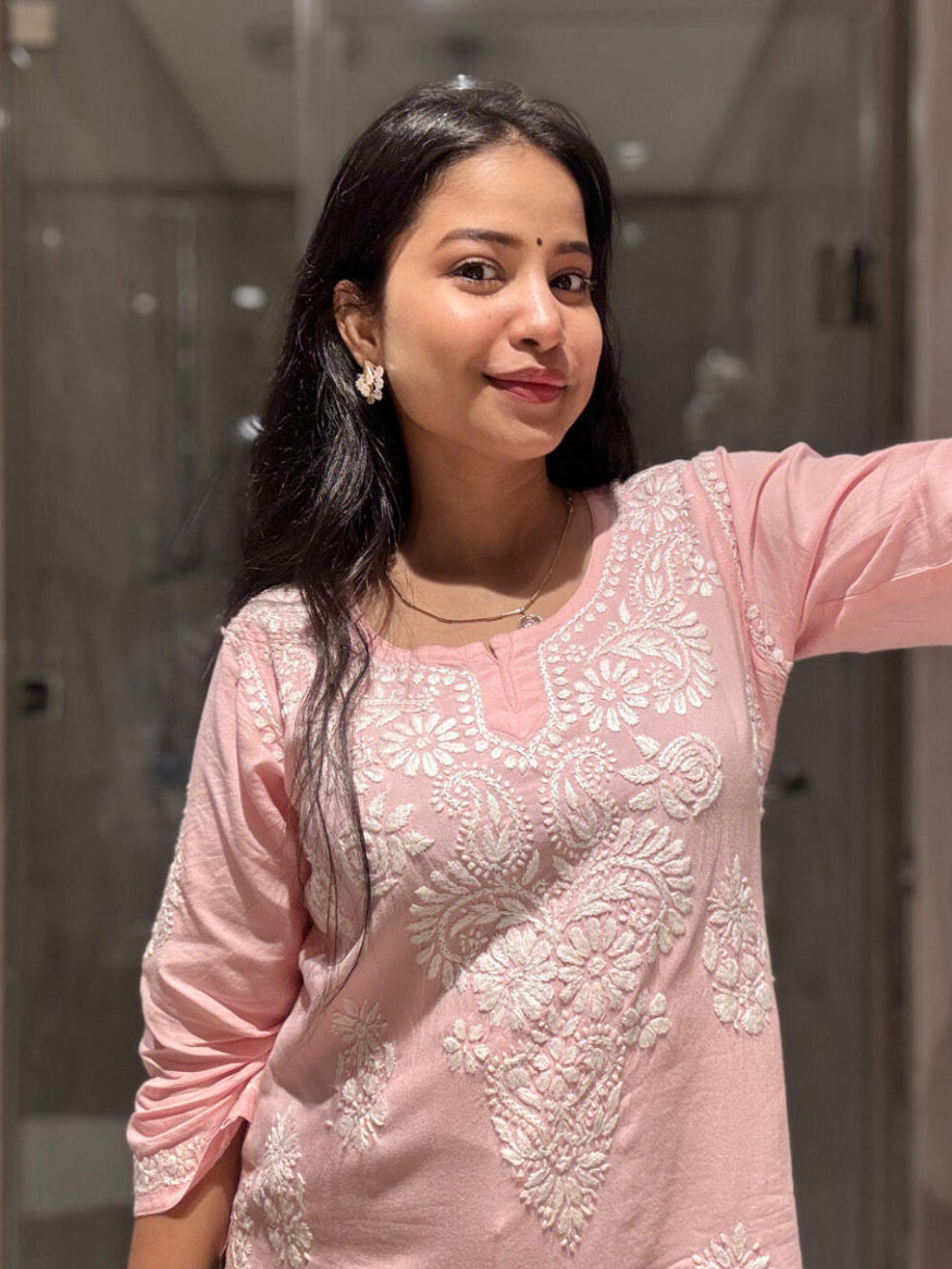 Ishra Rayon Short Chikankari Kurti - rose-pink