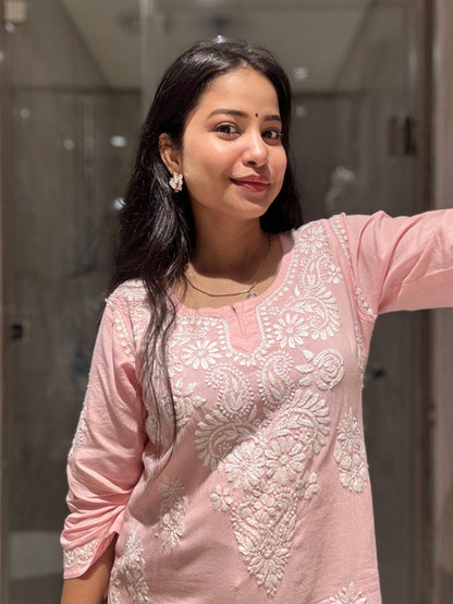 Ishra Rayon Short Chikankari Kurti - rose-pink