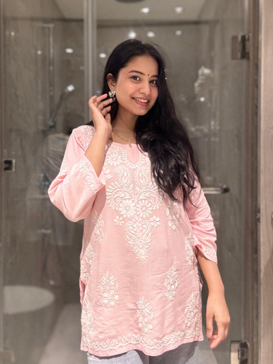 Ishra Rayon Short Chikankari Kurti - rose-pink