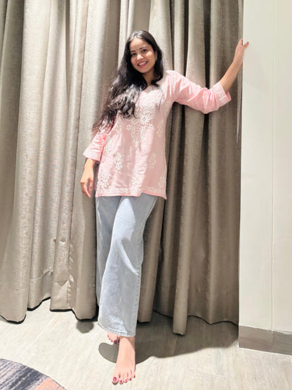 Ishra Rayon Short Chikankari Kurti - rose-pink