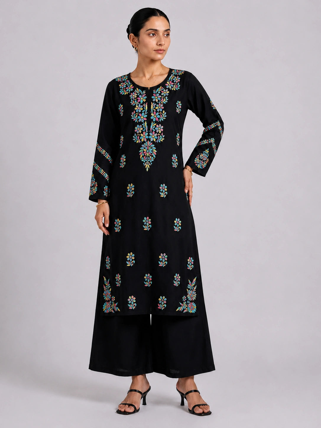 Aayat Rayon Multi Colour Long Chikankari Kurti